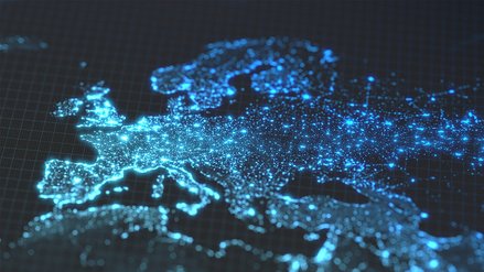 Map of Europe with blue lights on grid background