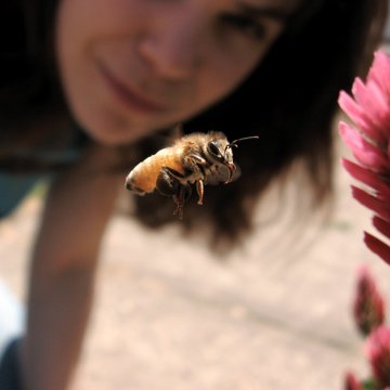 A woman looking at a bee
